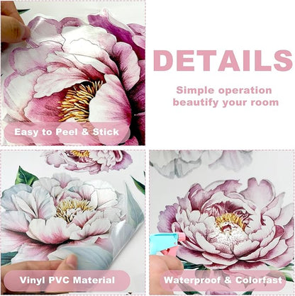 Peony Flower Wall Decal Pink Flower Plant Wall Stickers Natural Theme Peel and Stick Decor Suitable for Living Room Bedroom (Peony Flower)