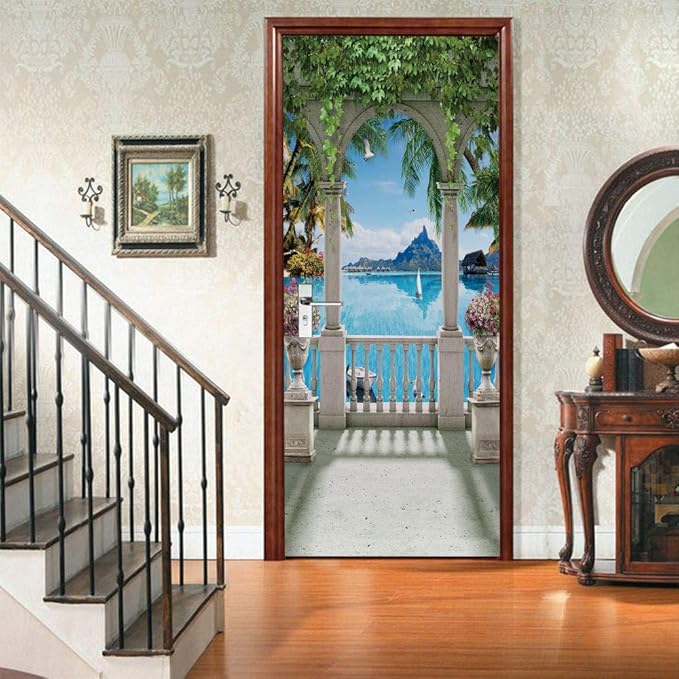 3D Door Stickers Murals - Landscape Peel and Stick Waterproof & Washable Matt Finish Modern Style White 34.6" x 78.7" 2 Pieces