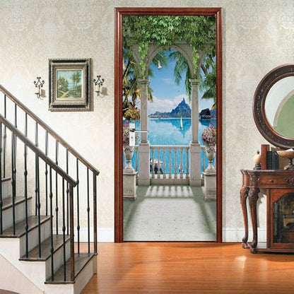 3D Door Stickers Murals - Landscape Peel and Stick Waterproof & Washable Matt Finish Modern Style White 34.6" x 78.7" 2 Pieces