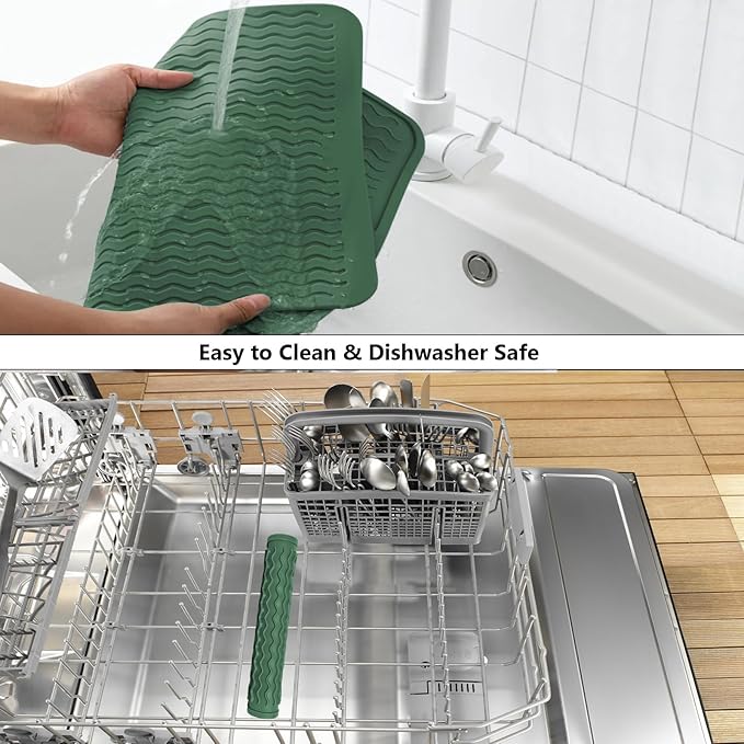 ZLR Silicone Dish Drying Mat 12" x 12" Square - Small Heat Resistant Trivet & Countertop Protector for Air Fryer, Coffee Maker - Waterproof Kitchen Drain Pad for Cups, Fruit (Dark Green)