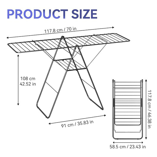 APEXCHASER Clothes Drying Rack, Foldable Oversized Drying Rack Clothing with U-Shaped Foot Cover, Height-Adjustable, Multi-Bar Laundry Rack, Indoor Outdoor Use, 20.47" D x 70" W x 42.52" H, Jet Black