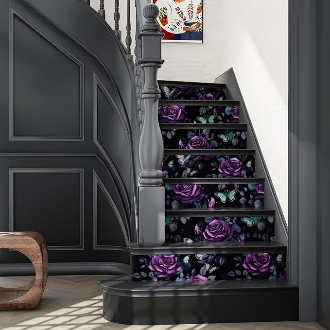 Fvlow Black Foral Wallpaper Peel and Stick Dark Purple Rose Contact Paper 17.4" x 393", Waterproof Self-Adhesive Flower Butterfly Wall Paper for Bedroom Countertop Desk Cabinets Decor Renter Friendly