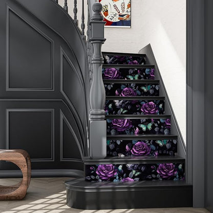 Fvlow Black Foral Wallpaper Peel and Stick Dark Purple Rose Contact Paper 17.4" x 393", Waterproof Self-Adhesive Flower Butterfly Wall Paper for Bedroom Countertop Desk Cabinets Decor Renter Friendly