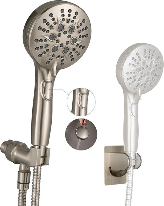Handheld Shower Head with on off Switch&Built-in Power Spray,7-Setting High Pressure Shower Wand with 79in Long Hose&Bracket and Extra Adhesive Shower Holder for Lower Mount,Brushed Nickel