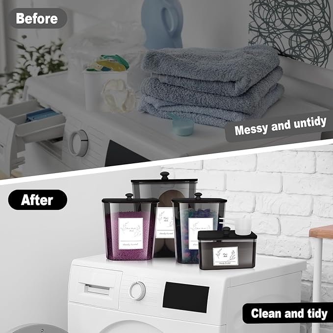 Zingbee 4 Pack Laundry Detergent Containers & Dryer Sheet Holder with Black Lids, Scoops & Labels - Plastic Laundry Organizer and Storage Jars for Pods, Detergent, Scent Booster