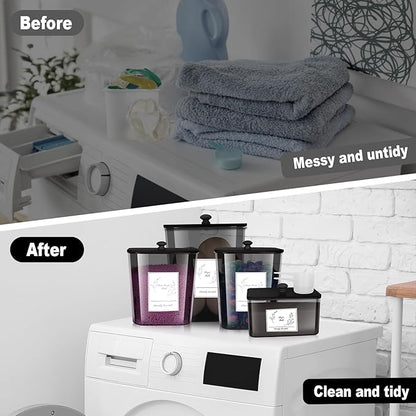 Zingbee 4 Pack Laundry Detergent Containers & Dryer Sheet Holder with Black Lids, Scoops & Labels - Plastic Laundry Organizer and Storage Jars for Pods, Detergent, Scent Booster