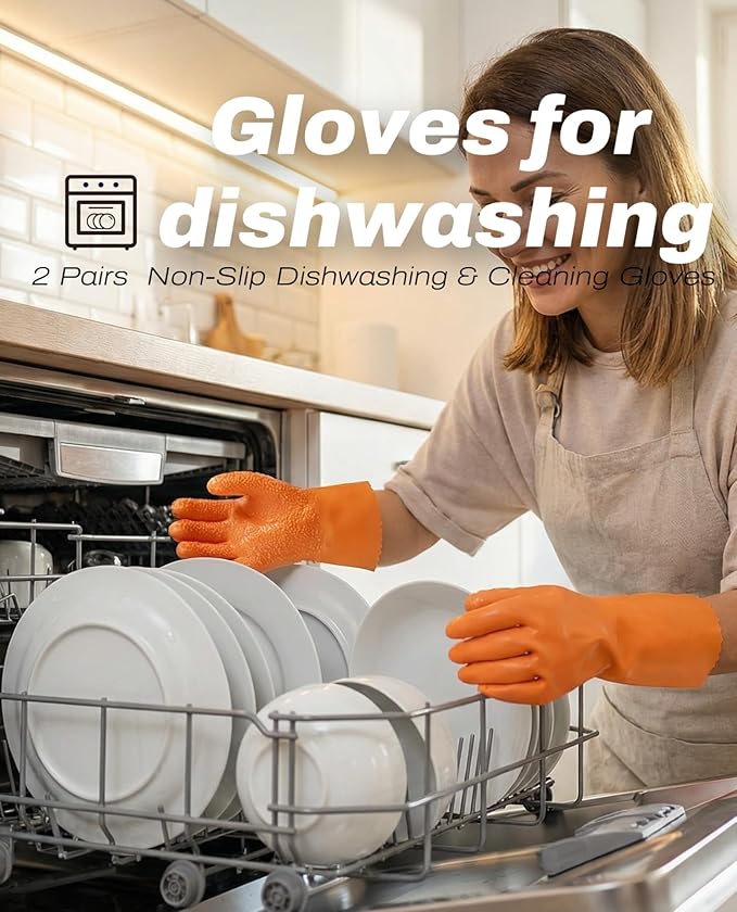 2 Pairs Enhanced Grip Household Cleaning Gloves for Kitchen Dishwashing, Non-Slip Cleaning Gloves