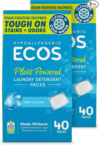 ECOS Laundry Detergent Packs, 80 Loads - 100% Plastic Free Packaging - Convenient No Mess Washing Soap Packs - Hypoallergenic for Sensitive Skin - Free & Clear