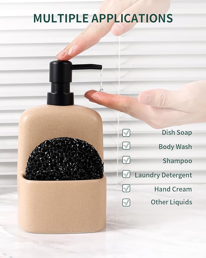 BosilunLife Dish Soap Dispenser - Linen Beige Ceramic Kitchen Soap Dispenser with Sponge Holder Matte Ceramic Soap Daddy Dispenser 20oz for Kitchen Soap Pump and Sponges Caddy