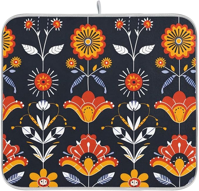 Floral Pattern Traditional Folk Art Dish Drying Mat for Kitchen Counter Absorbent Microfiber Drying Pad, Large 18x24 in, Reversible Drainer Mats