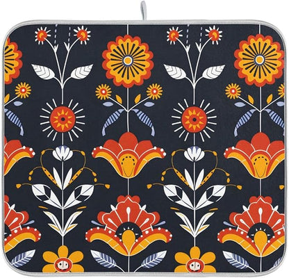 Floral Pattern Traditional Folk Art Dish Drying Mat for Kitchen Counter Absorbent Microfiber Drying Pad, Medium 16x18 in, Reversible Drainer Mats