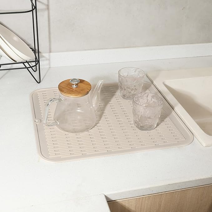 MicoYang Silicone Dish Drying Mat for Multiple Usage,Easy clean,Eco-friendly,Heat-resistant Silicone Mat for Kitchen Counter or Sink,Refrigerator or Drawer Liner Tapioca XL 18 inches x 16 inches