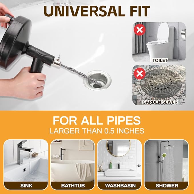 Drain Auger 33 ft, Plumbing Snake Hair Clog Remover Drain Snake Flexible Grabber Heavy Duty Sink Cleaner Tools for Shower Bathtub Bathroom Kitchen Pipe, Black