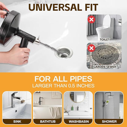 Drain Auger 33 ft, Plumbing Snake Hair Clog Remover Drain Snake Flexible Grabber Heavy Duty Sink Cleaner Tools for Shower Bathtub Bathroom Kitchen Pipe, Black