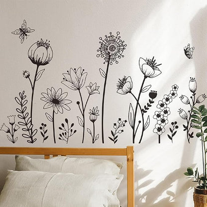 Black Boho Wall Decal Simple Sketch Flower Wall Stickers, Floral Wildflower Sticker Dandelion Peel Stick Wall Art Decor Bedroom Home Room Office Garden Hall Adult Gifts for Mom