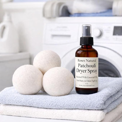 Wool Dryer Balls & Dryer Spray Bundle – 3 Reusable Dryer Balls + Plant-Based Essential Oil Dryer Spray, Natural Fabric Freshener, Anti-Static & Odor Fighting (Patchouli)