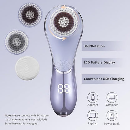Facial Cleansing Brush Face Scrubber Exfoliator Rechargeable IPX7 Waterproof Electric Spin Cleanser Device for Exfoliating, Massaging and Deep Cleansing Removing Blackhead, Face Massaging