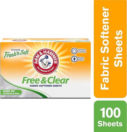 Arm & Hammer Fabric Softener Sheets, Free of Perfumes and Dyes, 100 ct (Pack of 2)