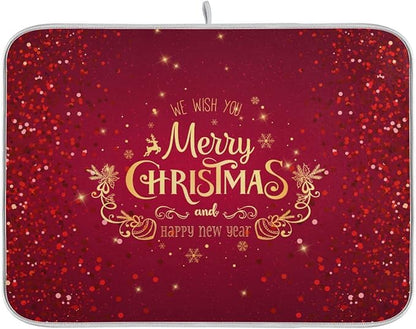 Merry Christmas Drying Mat for Kitchen Counter 16x18 Inch Christmas Dish Mat with Absorbent Reversible Microfiber Christmas Dish Drying Mat Dish Drainer Rack Pad Drainer Mat for Coffee Bar