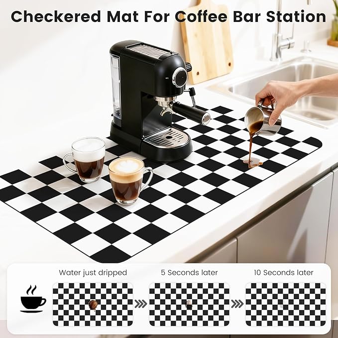 17" x 32" Checkered Dish Drying Mat for Kitchen Counter, Absorbent Coffee Bar Mat for Espresso Machine Coffee Countertops Accessories (Black)