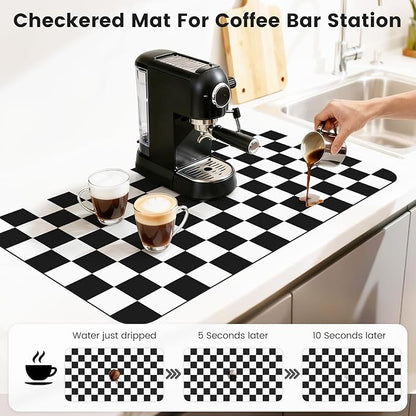 17" x 32" Checkered Dish Drying Mat for Kitchen Counter, Absorbent Coffee Bar Mat for Espresso Machine Coffee Countertops Accessories (Black)