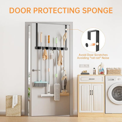 Broom Holder Over The Door - 304 Stainless Steel Mop and Broom Holder Wall Mounted or Hanging Over The Door with Hooks - Broom Hanger, Broom Storage Tool Organizer for Garage Closet Laundry