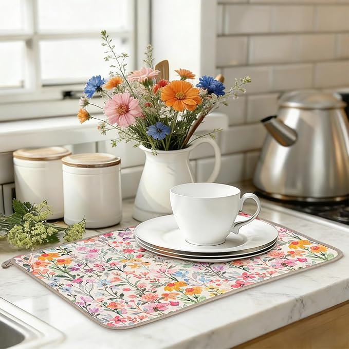 AnyDesign Flower Dish Drying Mat Watercolor Wildflower Floral Absorbent Dish Drainer Protector Pad for Spring Kitchen Countertop Tableware Decor, 18 x 24 Inch