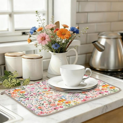 AnyDesign Flower Dish Drying Mat Watercolor Wildflower Floral Absorbent Dish Drainer Protector Pad for Spring Kitchen Countertop Tableware Decor, 18 x 24 Inch