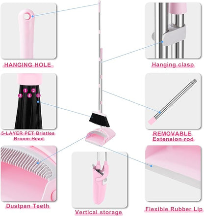 Pink Broom and Dustpan Set, 52-in Handle Broom Dustpan Combo Set Household Hand Broom with Dustpan Teeth to Clean Hair for Home Kitchen Office Lobby Sweeping Indoor（Pink）