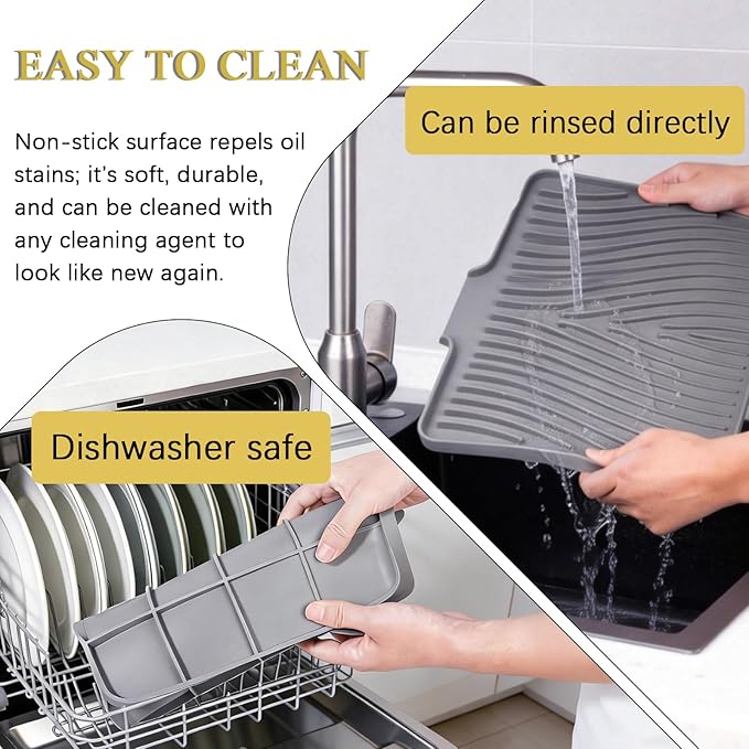 Silicone Drying Mat, 16"X13" With Built-in Drain Lip,Heat-Resistant,Eco-friendly,Hygienic Drying Pad,Leak-Proof and Non-Slip,Silicone Dish Drying Mat for Kitchen Counter or Sink（Gray 16X13）