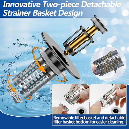 Sink Stopper Hair Catcher, Pop-up Sink Drain Strainer with Removable Stainless Steel Strainer Basket Hair Catcher, Bathroom Sink Strainer for Bathroom Sink Stopper Replacement