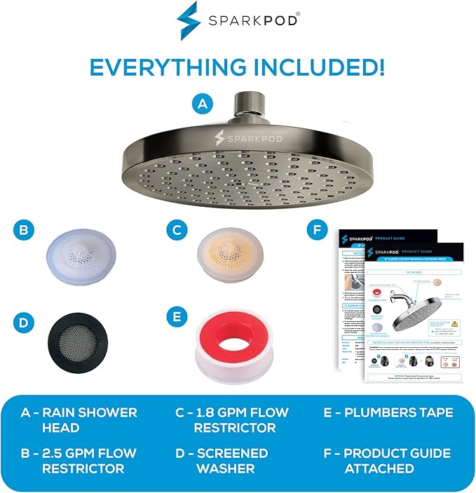 SparkPod Shower Head - High Pressure Rain - Premium Quality Luxury Design - Easy Clean Adjustable Replacement for Your Bathroom Shower Heads (Elegant Brushed Nickel, 8 Inch Round)