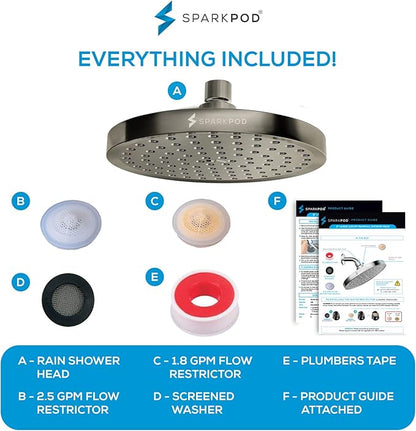 SparkPod Shower Head - High Pressure Rain - Premium Quality Luxury Design - Easy Clean Adjustable Replacement for Your Bathroom Shower Heads (Elegant Brushed Nickel, 8 Inch Round)