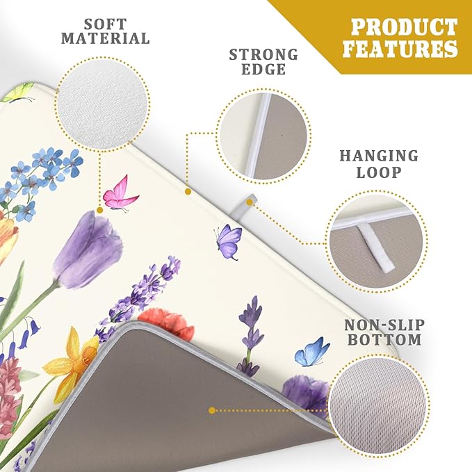 Spring Floral Dish Drying Mat for Kitchen Counter 18x24 Inch Spring Flowers Dish Drainer Rack Mats Absorbent Kitchen Drying Mat Botanical Floral Drainer Rack Mats for Kitchen Countertop Table Decor