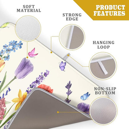 Spring Floral Dish Drying Mat for Kitchen Counter 18x24 Inch Spring Flowers Dish Drainer Rack Mats Absorbent Kitchen Drying Mat Botanical Floral Drainer Rack Mats for Kitchen Countertop Table Decor