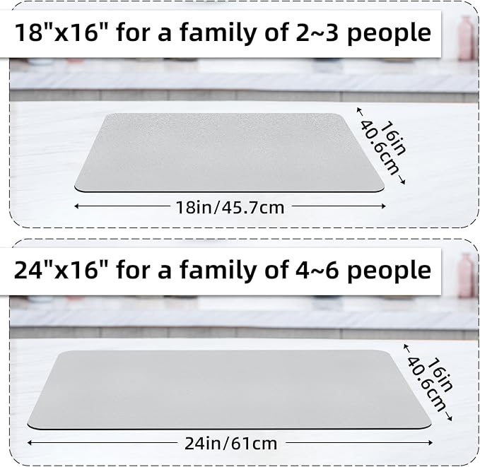 LOPNUR Kitchen Dish Drying Mat, 18"x16" Small Dish Drying Mats for Kitchen Counter, Diatomite Coffee Mat, Super Absorbent Dish Drying Pad, Heat Resistant Mat with Anti-slip Rubber Backed, Light Grey