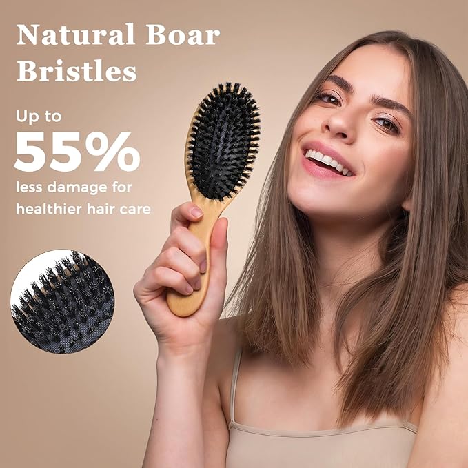 BLACK EGG Boar Bristle Hair Brush for Women Men Kid, Soft Natural Bristles Brush for Thin and Fine Hair, Restore Shine and Texture, Set includes Bamboo comb and 3 hair ties, Excellent Gift Idea