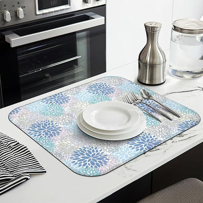 Dish Drying Mat Drainer Pads - Extra Large Microfiber Drying Mats for Dishes Kitchen Counter Super Absorbent Pads for Draining Racks (Blue,16"x18" )