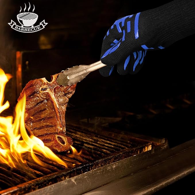 BBQ Grill Gloves 1472°F Heat Resistant, XL Long Non-Slip Oven Mitts for Baking, Kitchen, Campfire, Smoker and Outdoor Cooking, EN407 Certified, Washable, Blue