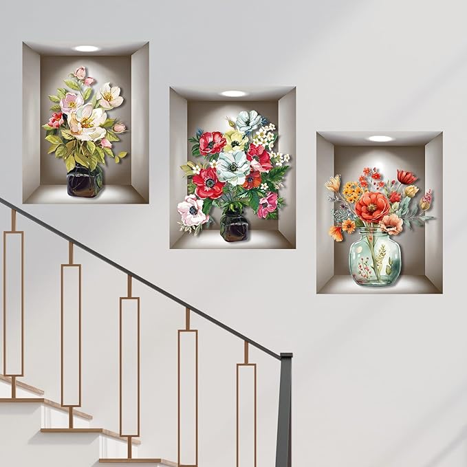 Supzone 3D Vase Wall Stickers - 3 Pcs Vintage Flower Wall Art, Colorful Floral Blossom Wall Decals, Self-Adhesive for Bedroom, Living Room, Sofa Backdrop, Yoga Room