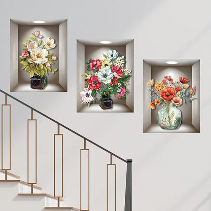 Supzone 3D Vase Wall Stickers - 3 Pcs Vintage Flower Wall Art, Colorful Floral Blossom Wall Decals, Self-Adhesive for Bedroom, Living Room, Sofa Backdrop, Yoga Room