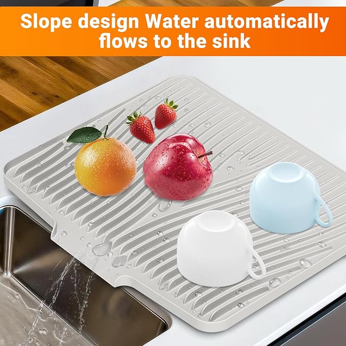 Silicone Dish Drying Mat for Kitchen Counter, Non-Slip Drain Pad, Dish Drying Pad, Easy to Clean Dish Rack Pad, Multi-Use as Heat Resistant Trivet, 15.8" x 13" , Cream