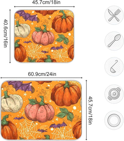 Halloween Colorful Pumpkin Pattern Dish Drying Mat for Kitchen Counter Super Absorbent Drying Mat 16x18 inch Large Dish Drying Matts for Countertop Protector Dishes Pad