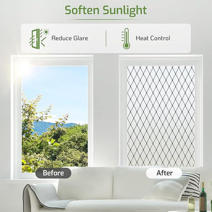 LUTE Frosted Window Privacy Film, Static Cling UV Sun Blocking Heat Control Window Cover, Removable Non-Adhesive Glass Sticker Vinyl Decorative Bathroom Frosting Decals, Black Lattice, 35.4" x 78.7"