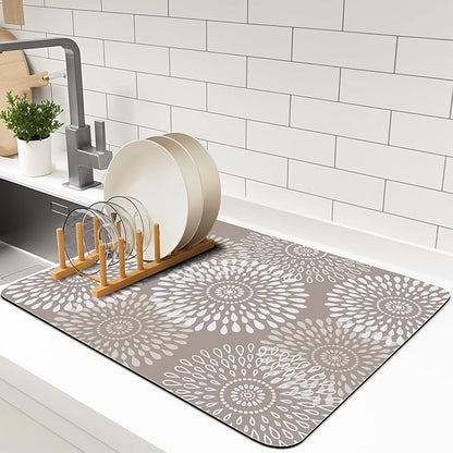 LuxStep Dish Drying Mat Super Absorbent Kitchen Counter Mat Rubber Backing Draining Mat Easy to Clean Kitchen Accessories Dish Rack Pad for Dishes, Utensils, Countertops, Sinks 15" x 18" Khaki