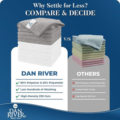 DAN RIVER 12-Pack Microfiber Towels – Ultra Absorbent, Lint-Free & Streak-Free Cleaning Cloths for Home, Car & Kitchen - Must-Have Cleaning Essentials - 12" x 12" - Gray White
