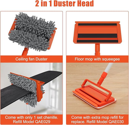 Qaestfy Ceiling Fan Cleaner Duster with 62.5‘’ Extendable Long Handle Ceiling Fan Blade Cleaning Tool, Reusable Chenille & Microfiber Mop Head for Dusting Ceiling Fan Baseboard Wall Floor