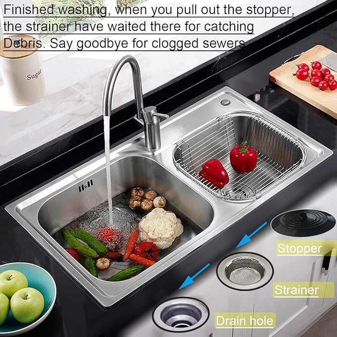 Seatery 4PCS Kitchen Sink Stopper Strainer, 6 Inch Round Large Silicone Sink Drain Cover Plug, Water Stopper, 4.5 Inch Stainless Steel Sink Strainer, Food Scraps Catcher for Kitchen