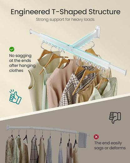 SONGMICS Clothes Drying Rack, Wall-Mounted Laundry Drying Rack, Extendable, Foldable Arms, with 21 Swivel Sliding Hooks, Space-Saving, for Laundry Room, Bathroom, Cloud White ULLR807W01