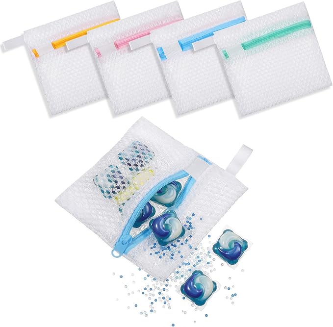 4 PCS Laundry Pod Anti-Sticking Bag Reusable Laundry Mesh Bag with Zipper Mini Pods Dissolution Protection Pacs Secure Holder for Detergent Pods Scent Beads Washer Safe Delicates
